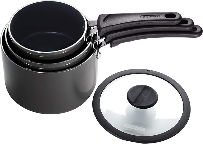 Tramontina Aluminum Non Stick 6-Piece Nesting Sauce Pan Set with Lids - Gray, Kitchen Nonstick Cookware Set, Dishwasher and Oven Safe