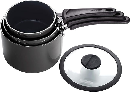 Tramontina Aluminum Non Stick 6-Piece Nesting Sauce Pan Set with Lids - Gray, Kitchen Nonstick Cookware Set, Dishwasher and Oven Safe