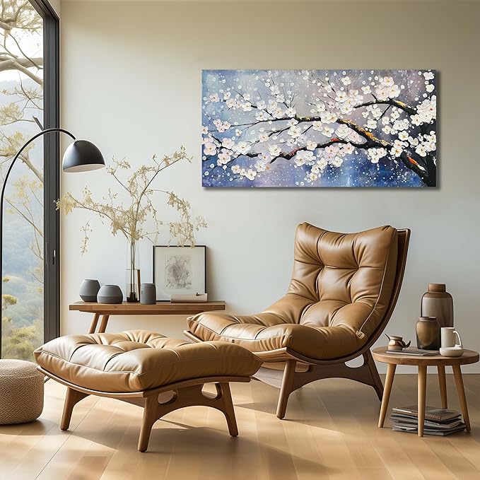 aburaeart Plum Blossom Painting Wall Art For Living Room Blue And White Wall Art For Office Women Modern Art Wall Decor Bedroom Size 20 x 40 Inch