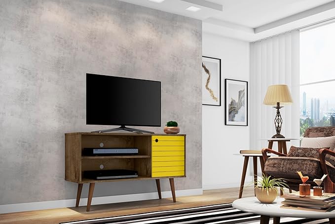 Manhattan Comfort Liberty Mid Century Modern TV Stand for Televisions up to 46 Inches, Bedroom and Living Room Entertainment Center with Storage, Shelves, and Cabinet, 43" Wide, Rustic Brown/Yellow