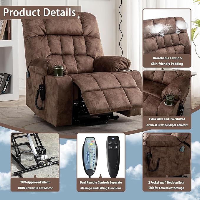 Power Lift Recliner Chair with Massage and Heating for Elderly, Oversized Lay Flat Recliner, Big and Tall 400lbs, Dual Motors, Cup Holders, Heavy Duty, Adults (Brown)