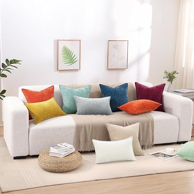 decorUhome Couch Throw Pillow Covers 16x16 Set of 2, Decorative Soft Euro Neutral Chenille Pillow Covers with Elegant Design for Sofa Bed Living Room Home Decor, Beige