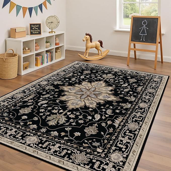 Area Rugs 5'x7' Washable Non-Slip, Floral Vintage Distress Print Pattern Medallion Carpet for Living Room Bedroom Dining Room, Black Brown Neutral Dark Tan