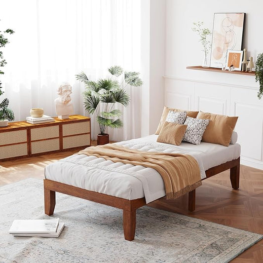 Giantex 14 Inch Twin Wood Platform Bed Frame, Minimalist Style Mattress Foundation with Solid Rubber Wood, Heavy Duty Slat Support, Without Headboard, Easy Assembly, No Box Spring Needed,Walnut