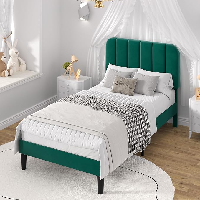 VECELO Twin Size Bed Frame with Upholstered Headboard, Velvet Platform Bedframe Mattress Foundation, Strong Wood Slat Support, No Box Spring Needed,Green