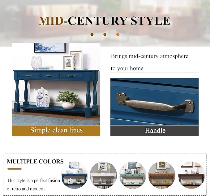 63inch Solid Wood Console Table with 3 Drawers and 1 Bottom Shelf Extra-Thick Sofa Table (Navy Blue)