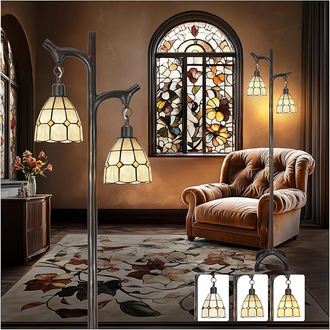 68" Tiffany Style Stained Glass Floor Lamp for Living Room,Modern Industrial Vintage Standing Floor Lamp for Bedroom,Stepless Dimmable Rustic Tree Trunk Tall Lamp for Study Room (Bulb Included)