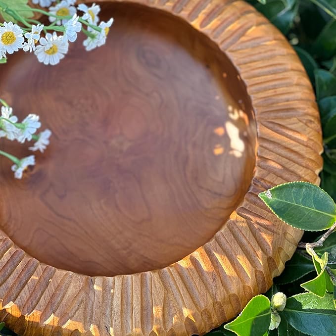 Teak Handcrafted Wooden Bowls Natural Wood Round Utility Bowl 15.7" W Handmade Rustic Serving Platter Fruit Snack Holder for Entry Table Vintage Artworks Dining Room Home Décor