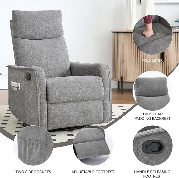 Massage Rocker Swivel Recliner Chair for Adults, Manual Recliner Glider with Lumbar Heating, Technical Flannel Fabric Nursery Glider Rocking Chair with Vibration Massage for Living Room - Grey