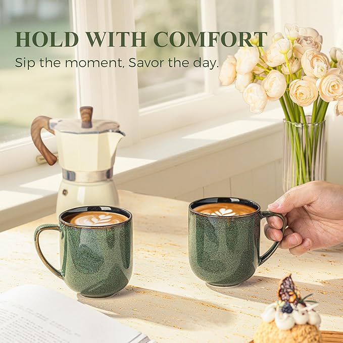 LERATIO 12OZ Ceramic Coffee Mugs Set of 6, Large Porcelain Coffee Cups With Large Handle For Latte,Cappuccino,Milk,Cocoa,|Dishwasher&Microwave Safe Mug Sets,Ideal for Man,Woman,Dad, Mom-Green