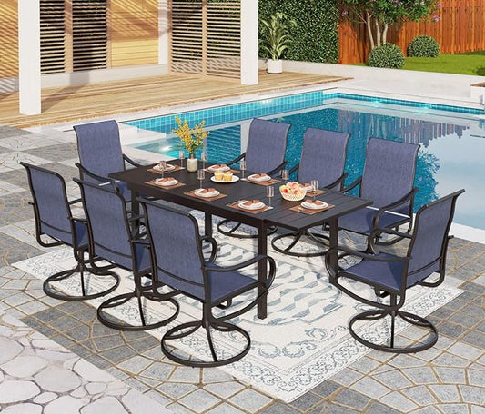 PHI VILLA 9 Piece Outdoor Patio Dining Set, Extendable Large Patio Table and 8 Swivel Dining Chairs, Outdoor Furniture Table and Blue Chairs Set for 6-8 Person