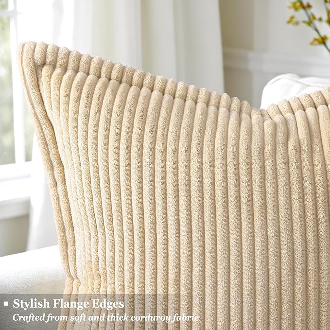 decorUhome Corduroy Beige Throw Pillow Covers 18x18 Set of 2 Decorative Soft Boho Striped Neutral Euro Farmhouse Couch Pillow Covers with Broadside for Living Room Bed Sofa