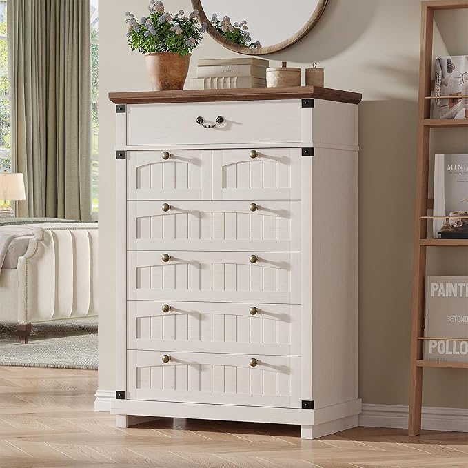 Maupvit Farmhouse 7 Drawer Dresser for Bedroom, 47" Tall Dresser Wood Chest of Drawers, Organizer Drawers for Bedroom, Living Room, Storage Room, Antique White
