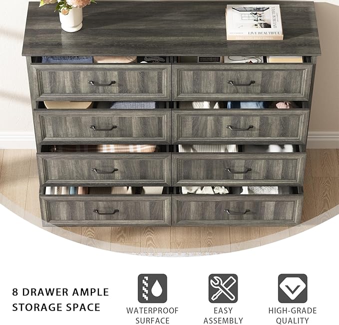 CARPETNAL Farmhouse 8 Drawer Dresser for Bedroom, 55 Inch Wide Modern Grey Dresser TV Stand with Large Drawers & Bar Handles, Rustic Wood Chest of Drawers for Bedroom, Living Room, Hallway, Entryway.