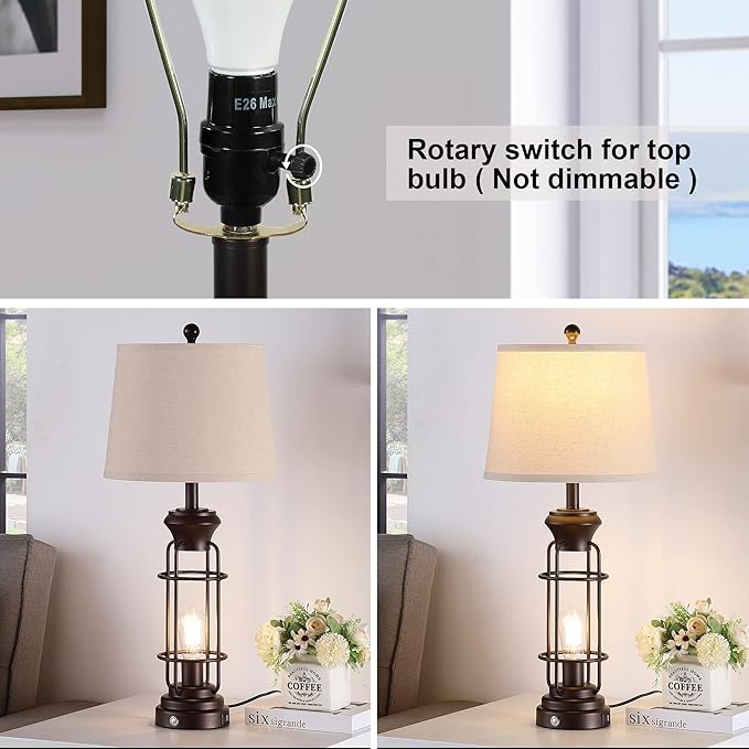 28.5" Farmhouse Lamps for Bedrooms Set of 2, Tall Table Lamps for Living Room with Dual USB Charging Port, Oil Rubbed Bronze Table Lamp with White Oatmeal Shade, Bulbs Included