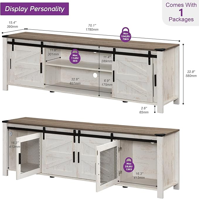 WAMPAT Farmhouse TV Stand for ups to 75 inch TV, Wooden Entertainment Center with Mesh Barn Doors, Media Console with Storage Shelf for Living Room Bedroom, Rustic Oak and White