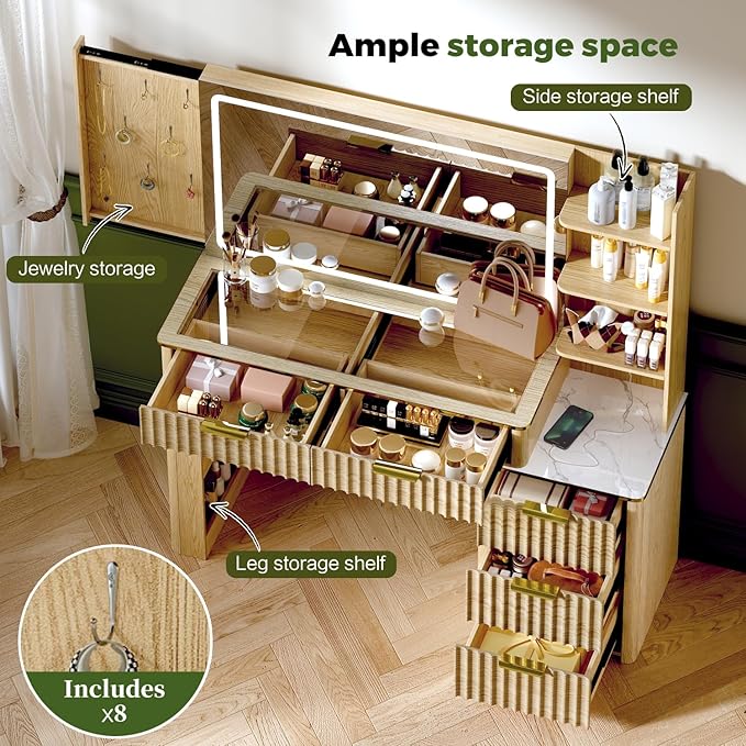 Modern Vanity Desk with Mirror and Lights, 49.2'' Fluted Makeup Vanity Desk with 5 Drawers and Shelves,Dressing Table with Glass Top and Power Outlet for Bedroom,Natural Oak