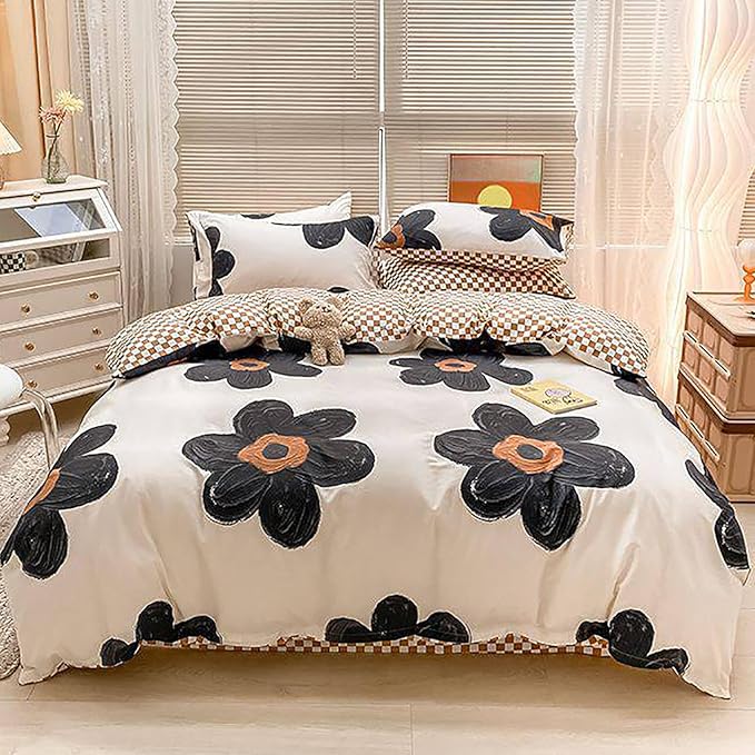 Luxlovery Floral Comforter Set California King Black and White Botanical Bedding Comforter Set Full Cute Chic Sunflower Pattern Blanket Quilts Women Girls 3 Piece Floral Bedding Set for Cal King Bed
