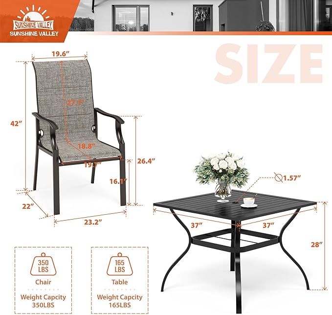 5 Piece Patio Dining Set for 4, Outdoor Table and Chairs Set with Square Patio Dining Table(1.57" Hole) & 4 Textilene Patio Dining Chairs, Outdoor Dining Table Set for Deck Backyard
