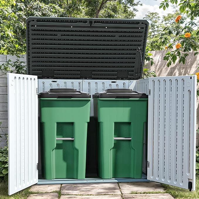 YITAHOME Large Outdoor Horizontal Storage Shed, 47 cu ft Resin Tool Shed w/o Shelf, Outdoor Waterproof Storage with Floor for Trash Cans, Garden Tools, Lawn Mower, Lockable, 4.5x2.8x3.9 ft, Light Gray