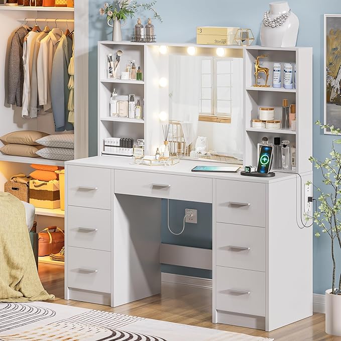Large Vanity Desk with Mirror and 10 Lights, Makeup Vanity Table with Power Outlet, 7 Drawers and 6 Storage Shelves, Makeup Vanity Desk Dressing Table with 3 Lighting Modes for Bedroom (White)