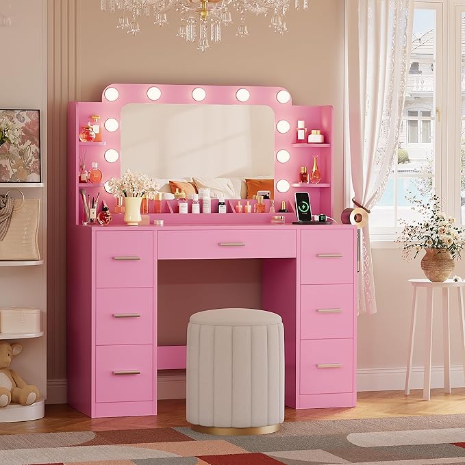 YESHOMY Vanity Desk with Large Lighted Mirror, Power Outlet and 11 Lights, Makeup Table with 7 Drawers and 3 Desktup Storage Units, 3 Color Modes Available for Bedroom, Pink