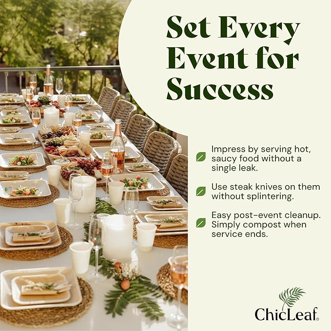 Chic Leaf Compostable & Biodegradable Palm Leaf Disposable Bamboo Plates - Disposable Party Plates for Appetizers - Christmas Meal Dinner, Turkey Holiday Food - Reusable Supplies (10 & 7 Inch Square)