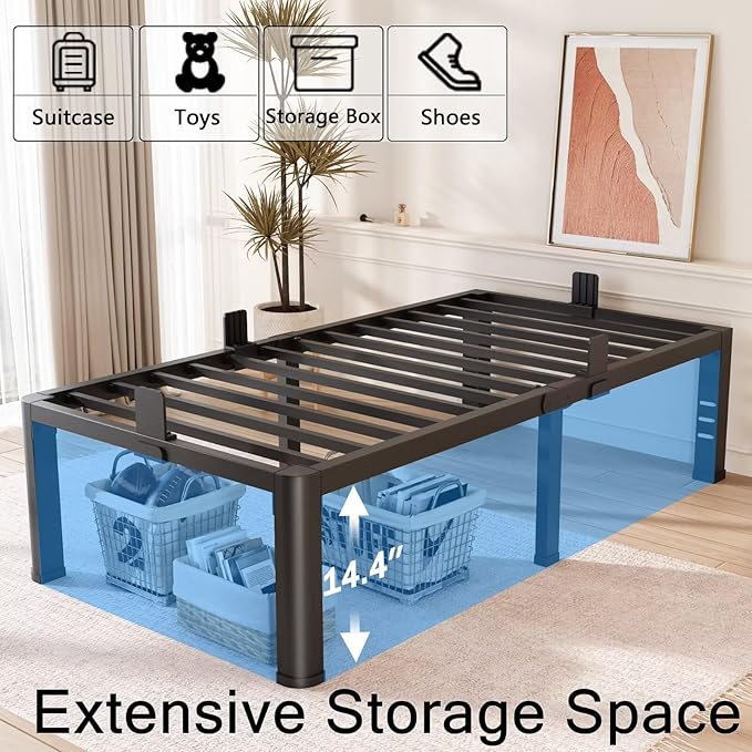 FUIOBYVV 16 Inch Twin XL Bed Frame with Rounded Corner and Headboard Hole Mattress Retainers 3500 LBS Metal Heavy Duty Steel Slats Support No Box Spring Needed Platform Noise Free Easy Assembly