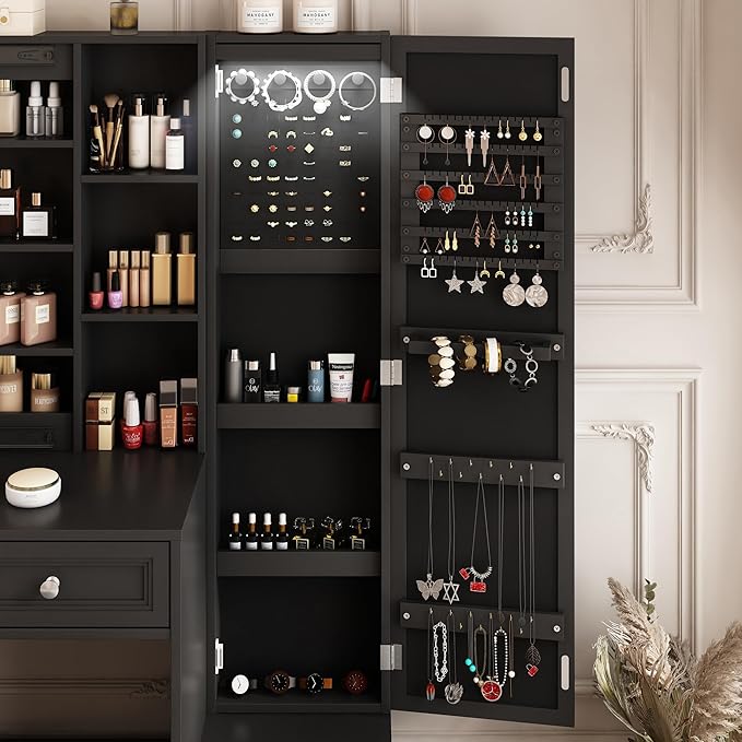 Makeup Vanity Desk with LED Lighted Sliding Mirror, Vanity Table with Jewelry Cabinet and 4 Drawers, Charging Station & Lots Storage Shelves, Adjustable Brightness, Dressing Table Cushioned Stool Set