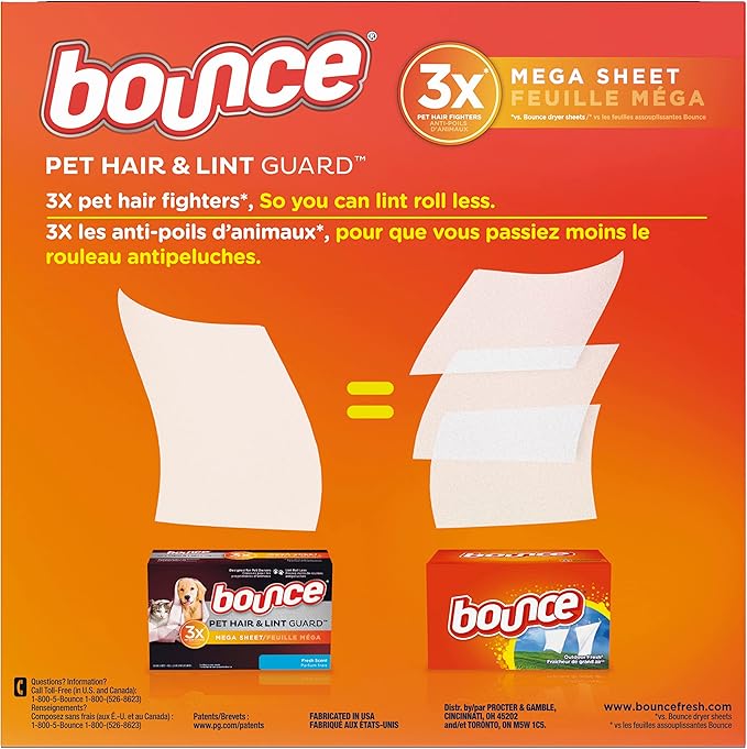 Bounce Pet Hair and Lint Guard Mega Fabric Softener Dryer Sheets with 3X Pet Hair Fighters, Fresh Scent, 180 Count (Packaging May Very) (Pack of 2)