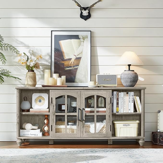 Farmhouse TV Stand for 60 Inch TV, Wood Entertainment Center with Glass Door Storage Cabinet & Adjustable Shelves,Television Stands for 65" TVS, Grey TV Console Table for Living Room,Bedroom