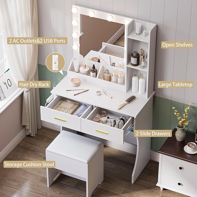 Vanity Mirror With Lights Desk And Chair, Small Makeup Vanity Set with Charging Station, Dressing Table with 2 Large Drawers, RGB Ambient Light, 3 Lighting Modes & Adjustable Brightness, White