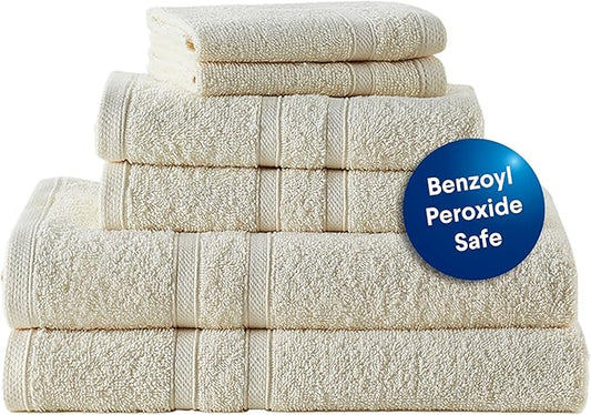 CLOROX Bleach Friendly Towel Set, Quick Dry 100% Cotton Highly Absorbent Lightweight, 2 Bath, 2 Hand, 2 Washcloth Towels Ideal for Everyday Use (6 Pack, Ivory)