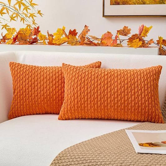 Kevin Textile Fall Pack of 2 Corduroy Decorative Throw Pillow Covers 12x20 Inch Soft Boho Striped Pillow Covers Modern Farmhouse Home Decor for Spring Sofa Living Room Couch Bed Orange