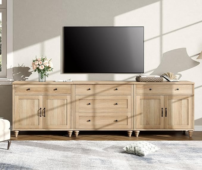 WAMPAT Farmhouse TV Stand for 100 Inch TV, 3-in-1 TV Console Table with 5 Drawers and 4 Doors, Entertainment Center for 75/80/85/90 Inch TV, Kitchen Sideboard Buffet Cabinet for Dining Room, Oak