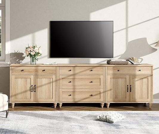 WAMPAT Farmhouse TV Stand for 100 Inch TV, 3-in-1 TV Console Table with 5 Drawers and 4 Doors, Entertainment Center for 75/80/85/90 Inch TV, Kitchen Sideboard Buffet Cabinet for Dining Room, Oak