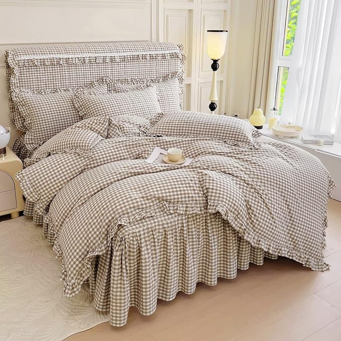 mixinni Vintage Ruffle Tan Gingham Comforter Set 3-Piece Washed Cotton King Beige Grid Bedding Set with Taupe Geometric Checkered Pattern, Farmhouse Chic Soft Fluffy Comforter for All-Season