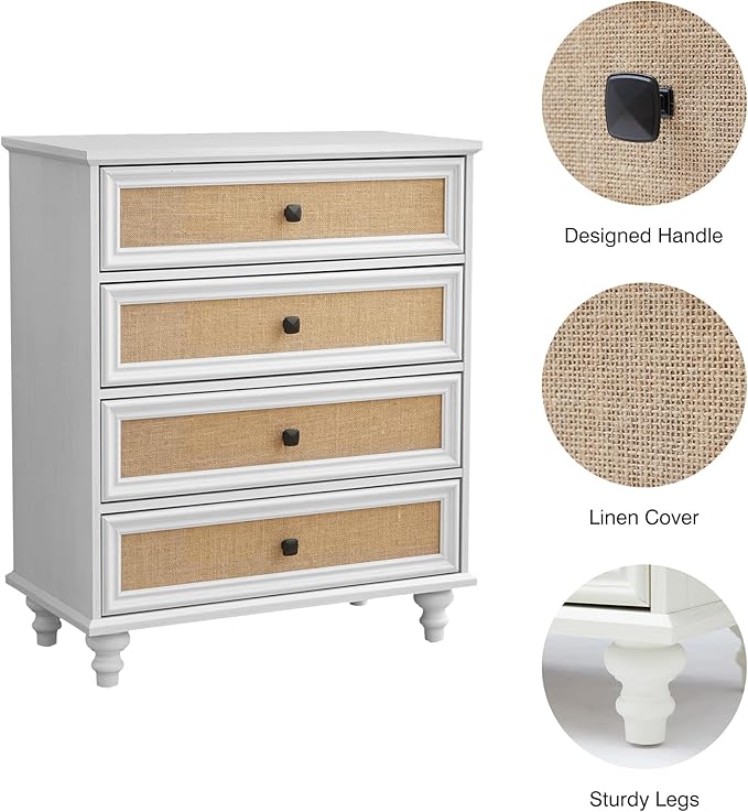 8 Drawer Dresser for Bedroom, Mid Century Modern Wide Wood Rustic Chest of Drawers Wooden Storage Organizer Dressers with Burlap Rattan Drawers for Living Room, Hallway Closet, Entryway, Beige White