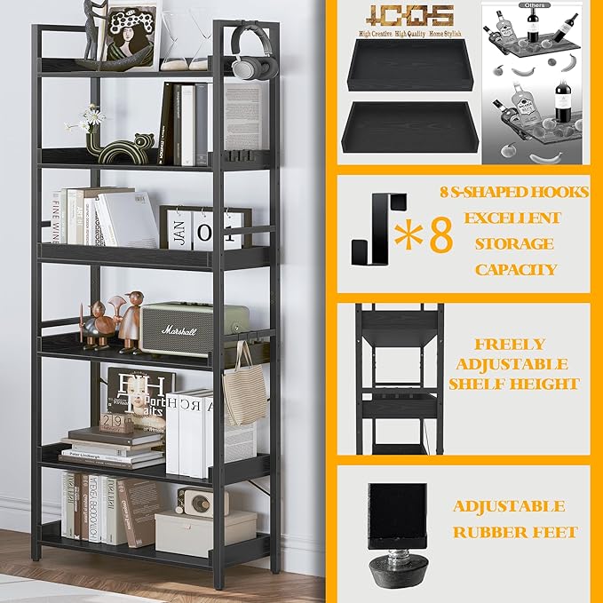 HCHQHS 6 Tier Bookshelf, Adjustable Industrial Bookcase, Vertical Tall Book Shelf, Wood and Black Metal Open Bookshelves for Home Office, Living Room, Bedroom, 70 Inch