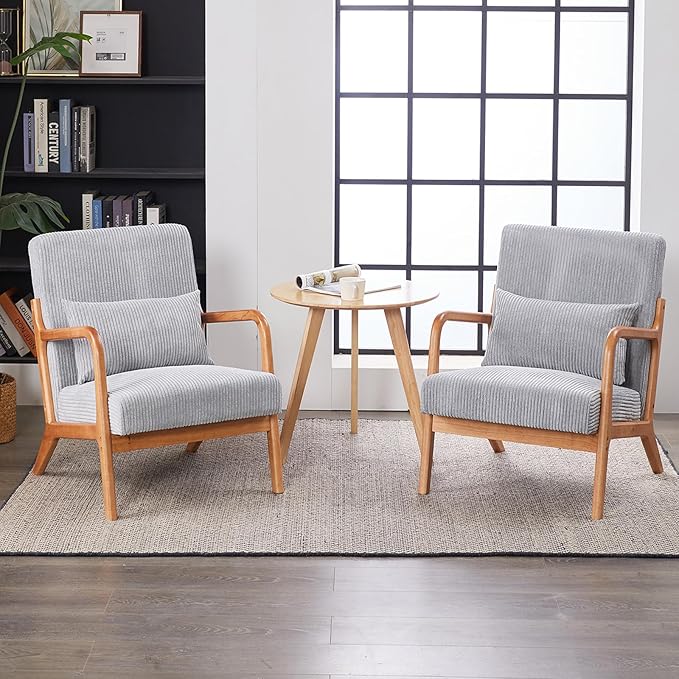 IKIFLY Upholstered Accent Chair Set of 2, Mid Century Modern Living Room Chair with Solid Wood Frame, Reading Arm Chair with Pillow & Lumbar Cushion for Office, Reading Room, Bedroom - Light Grey