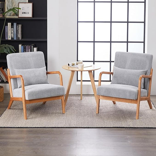 IKIFLY Upholstered Accent Chair Set of 2, Mid Century Modern Living Room Chair with Solid Wood Frame, Reading Arm Chair with Pillow & Lumbar Cushion for Office, Reading Room, Bedroom - Light Grey