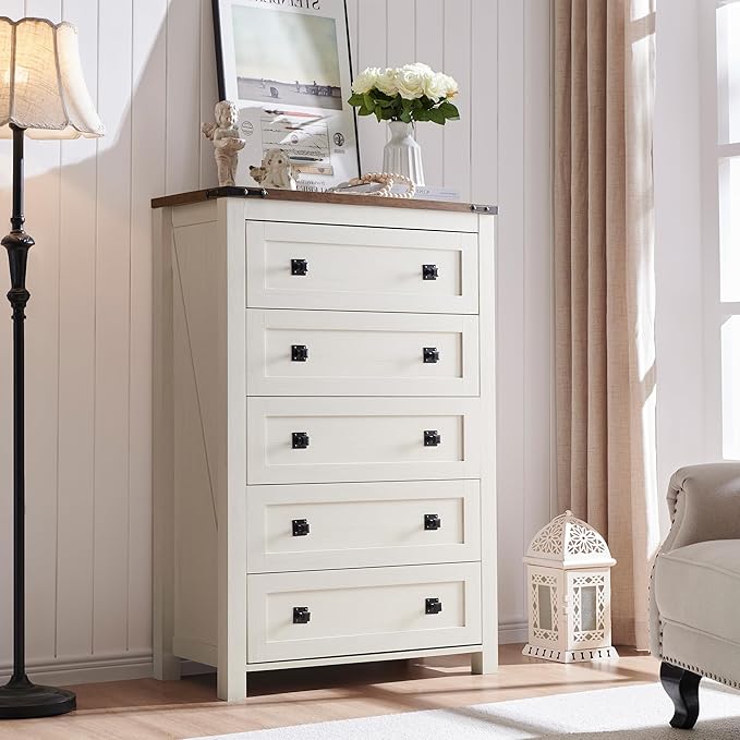T4TREAM Farmhouse 5 Drawers Dresser Chests for Bedroom, Wood Rustic Tall Chest of Drawers, Dressers Organizer for Bedroom, Living Room, Hallway, Antique White