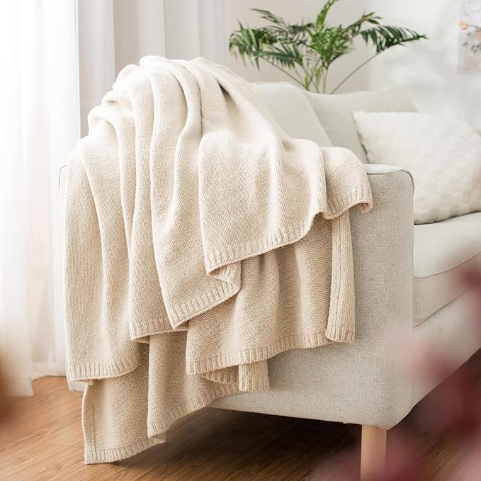 Carriediosa Wool Blend Knit Throw Blanket 60" X 80" Twin, 50% Recycled Polyester Soft Cable Knitted Fluffy Throws for Couch Lightweight Woven Blankets for Sofa Fuzzy Cozy Bed Cover, Light Beige