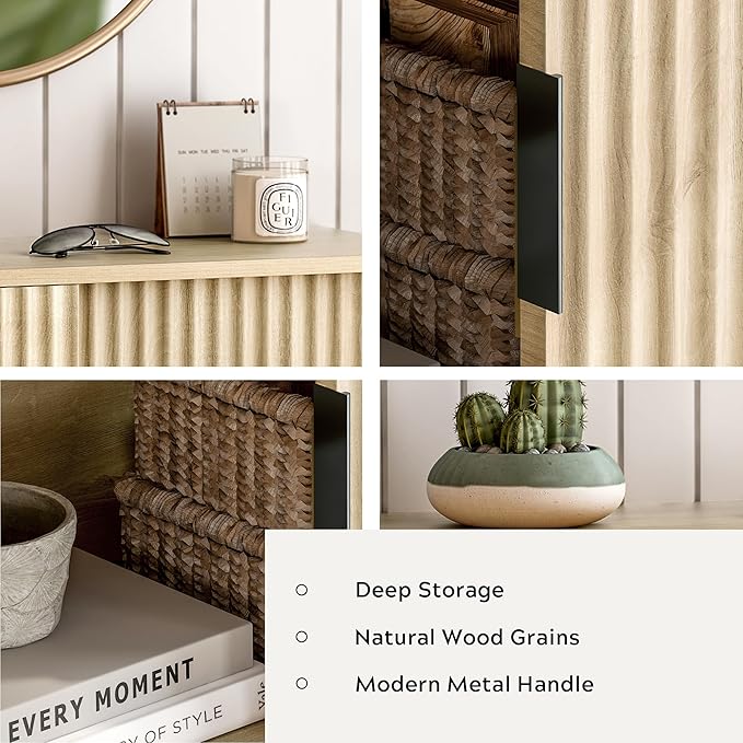 Fluted Floating TV Stand Set of 2, 30" Multi-Purpose Modern TV Display Shelf Console Entertainment Center Cabinet with Sliding Doors for Bedroom Living Room Entryway, Light Oak