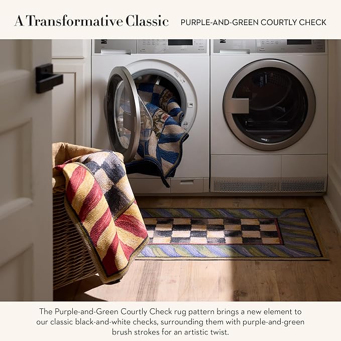 MACKENZIE-CHILDS Washable Rug, Decorative Indoor Rug, 3' x 5', Purple-and-Green Courtly Check