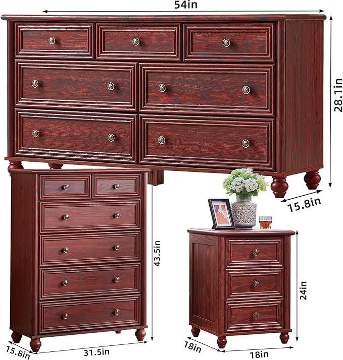 Farmhouse Dressers & Night Stand Set of 3, Wood 54" Wide Dresser & 45"Tall Chest of Drawers, 18" with Charging Station Nightstand, Bedroom Furniture 6 Drawer Dresser Set for Home Living Room Hallway