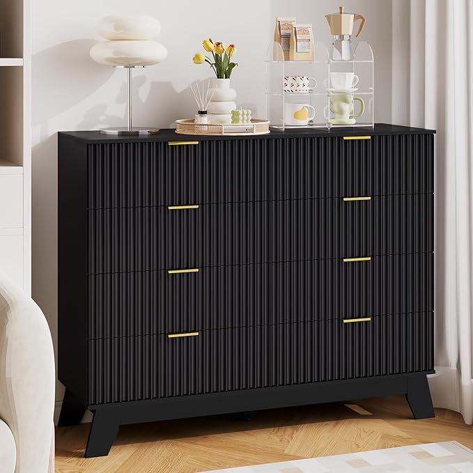 Fluted Dresser for Bedroom, 8 Drawer Dressers & Chest of Drawers, Mid Century Modern Dresser for Closet Boho Bedroom Furniture, Black Wood Chest of Drawers Storage Organizer for Living Room, Black