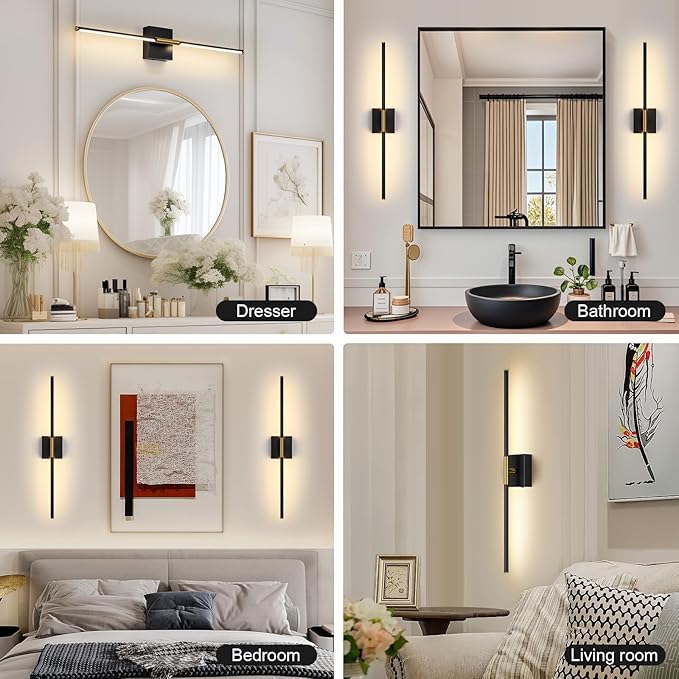 Wall Sconces Set of Two with Remote Control 29.1 in Dimmable Black Gold Battery Operated Wall Lights 350° Ratation 3000K-6000K LED Wireless Rechargeable Sconce for Bathroom Living Room Bedroom