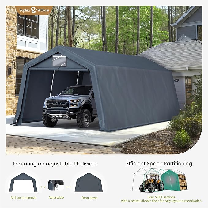 Sophia & William Carport Storage Shed 13x22 ft Portable, Heavy Duty Car Port Canopy Garage Shelter with Sidewalls and Roll Up Doors for Automobile Boat Motorcycle Bike, Gray