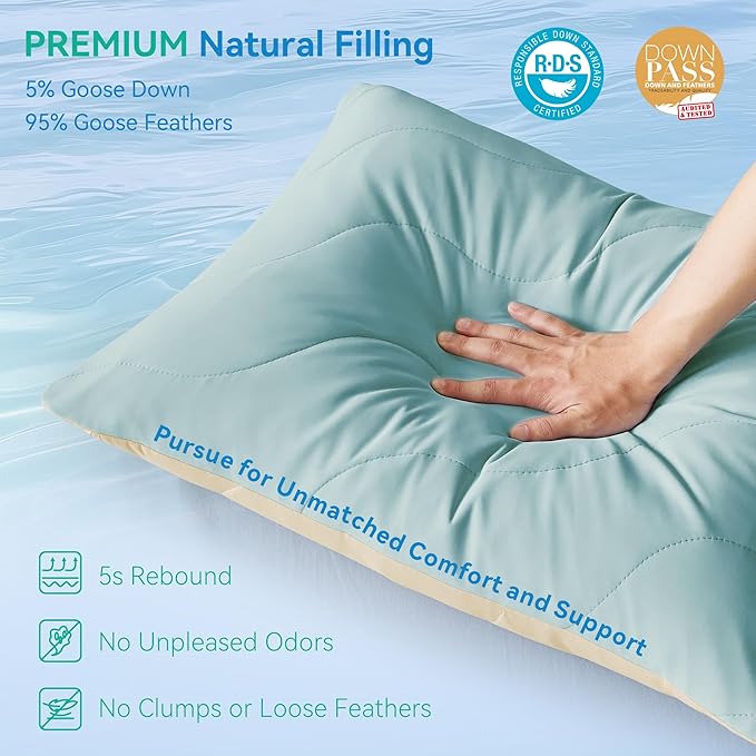 Three Geese Cooling Goose Feather Down Bed Pillows Standard Size Set of 2 for Hot Sleepers, Q-Max>0.45, Cooling Hotel Bed Pillows for Side Stomach Back Sleepers, Washable Removable Cover, 20" x 26"